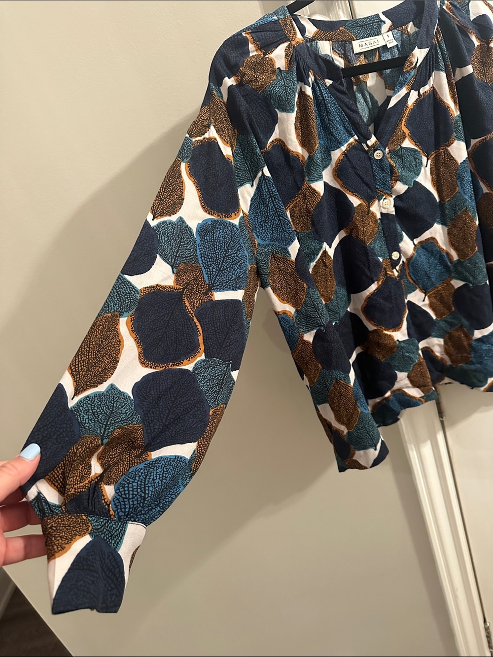 Masai Women's Navy, Teal & Brown Leaf-Print Button Tunic - Picture 10 of 12